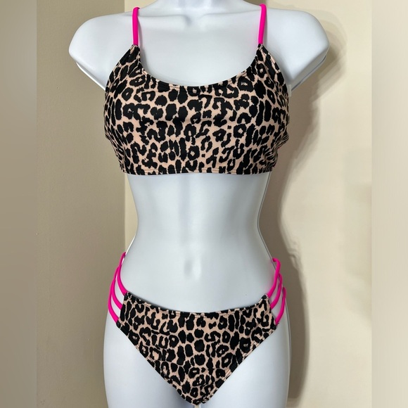 Leopard Print Hot Pink Strappy High Cut Bikini Set - Picture 6 of 10